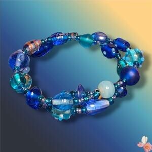 Artisan Lampwork Glass Bead Coil Bracelet Blue 68